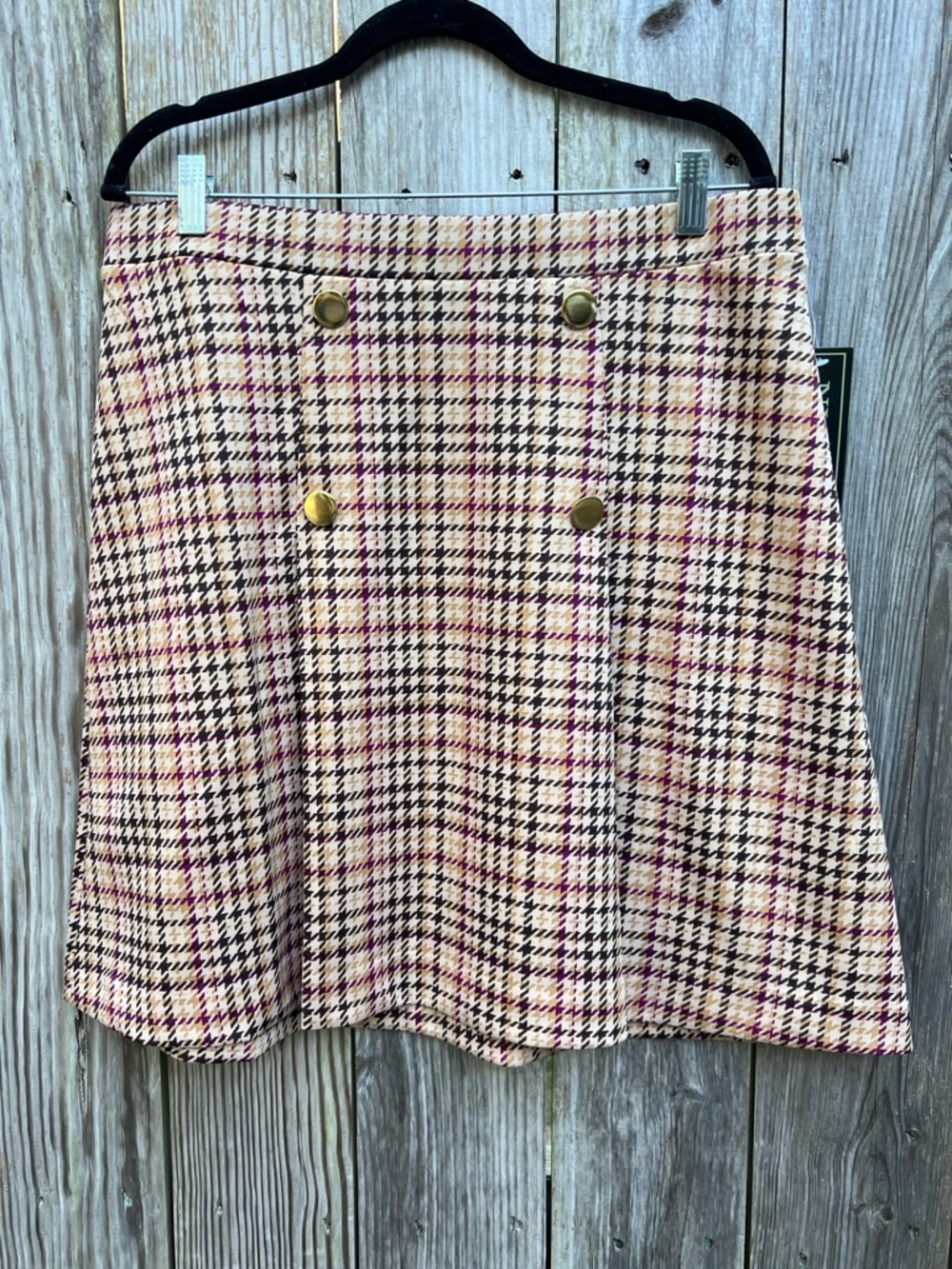NYCC Plaid Tan Purple Gold Button Preppy A Line Skirt Women’s Large NWT NEW